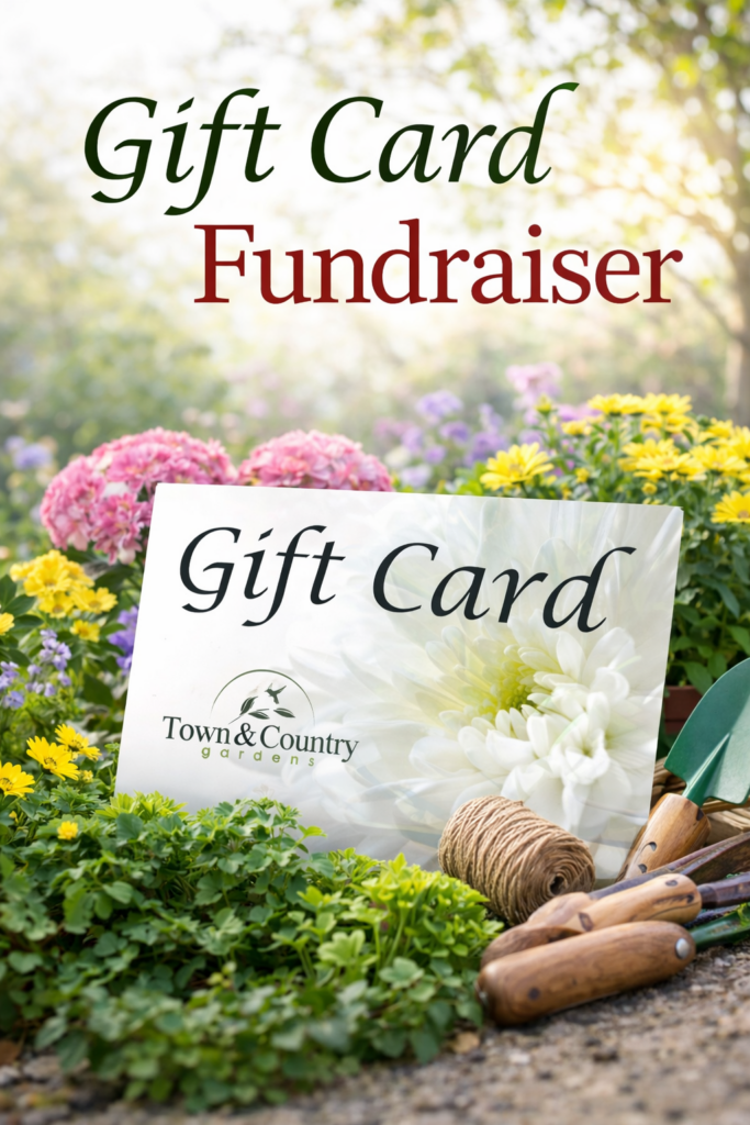 Gift card fundraiser display by Town & Country Gardens featuring a floral garden background and gardening tools